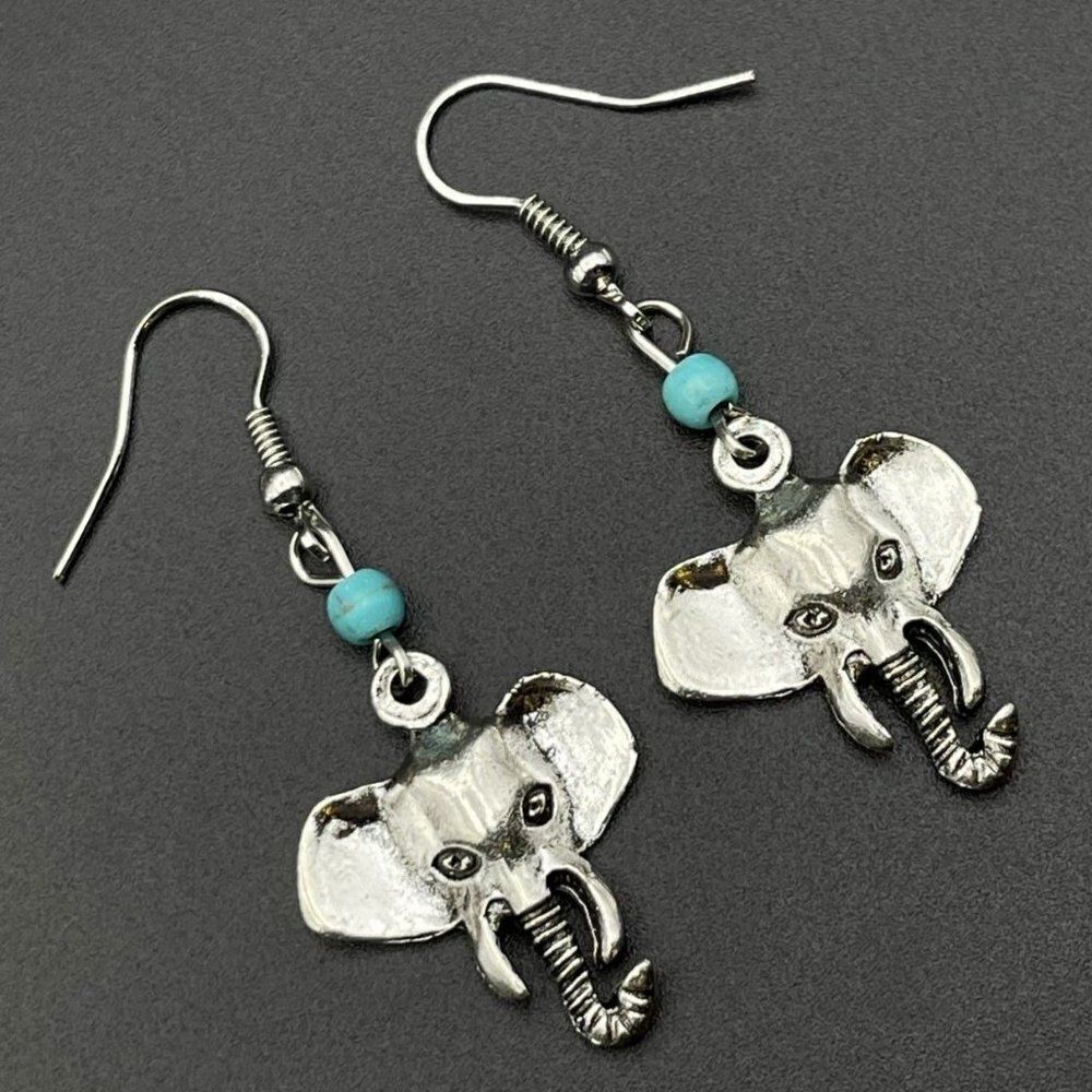 Silver Lucky Elephant and Blue Turquoise Beaded Boho Dangling Drop Hook Earrings